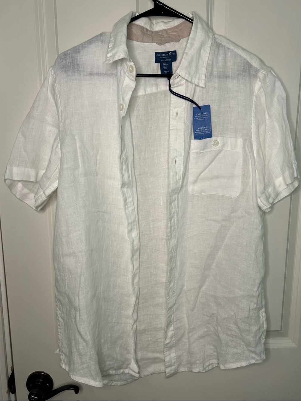 100% Linen Caribbean Joe White Short-Sleeve  Button-Down Shirt lightweight
